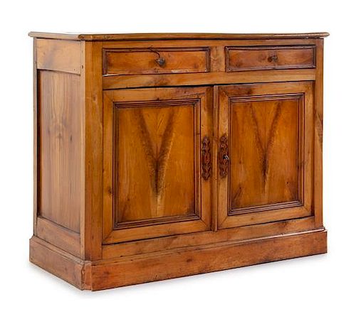 A Provincial Burl Walnut Serving Cabinet Height 37 x width 46 1/4 x depth 20 1/4 inches.