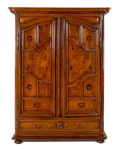 A French Provincial Marquetry Armoire Height 95 x width 69 x depth 24 inches.