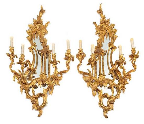 A Pair of French Gilt Bronze Four-Light Girandole Mirrors Height 37 1/2 x width 23 inches.