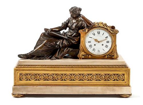 A Large Louis XVI Style Gilt, Patinated Bronze and Marble Clock Width 26 3/4 inches.