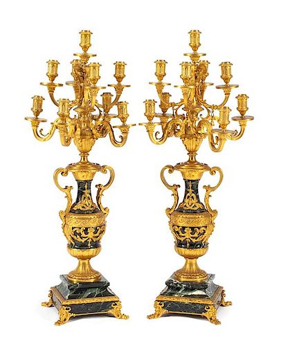 A Pair of French Gilt Bronze and Marble Nine-Light Candelabra Height 34 1/2 inches.
