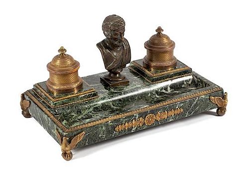 An Empire Style Gilt Bronze and Marble Encrier Width 18 inches.