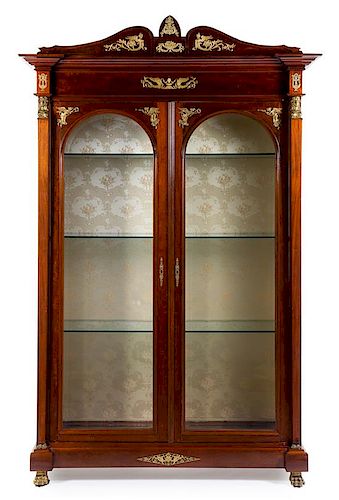 An Empire Style Gilt Bronze Mounted Mahogany Vitrine Cabinet Height 99 x width 58 x depth 23 inches.