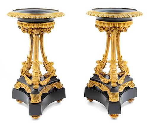 A Pair of Empire Style Gilt Bronze and Slate Candlesticks Height 14 1/8 inches.