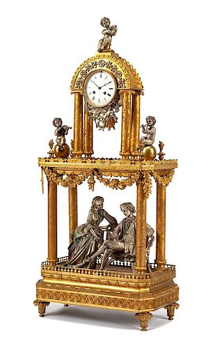 A French Gilt and Silvered Bronze Figural Clock Height 37 1/4 inches.