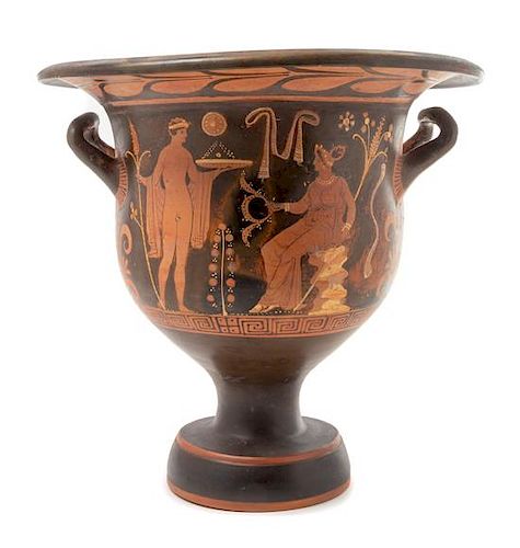 * An Apulian Red Figured Bell Krater Height 14 3/4 x width 15 3/4 inches.