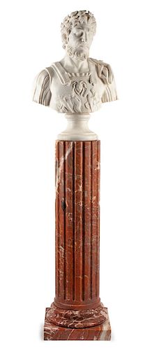 An Italian Carved Marble Bust and Pedestal Height of bust 30 inches; height of pedestal 47 inches.