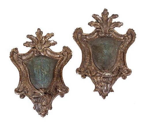 A Pair of Italian Giltwood Sconces Height 23 inches.