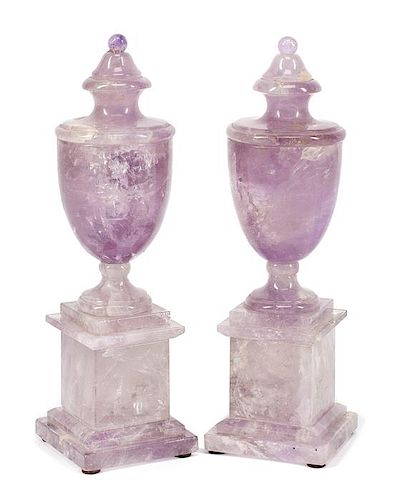 A Pair of Neoclassical Style Carved Amethyst Urns Height 10 1/4 inches.