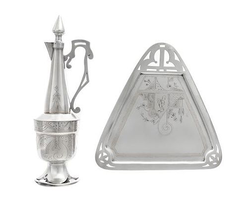 * A Russian Silver Ewer and Serving Tray, Mark of Fyodor Ivanov, Moscow, Late 19th Century, each in the Art Nouveau taste.
