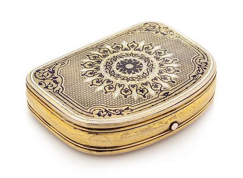 * A Russian Silver-Gilt and Enamel Snuff Box, Mark of Pavel Ovchinnikov with Imperial Warrant, Moscow, Late 19th Century, the ca