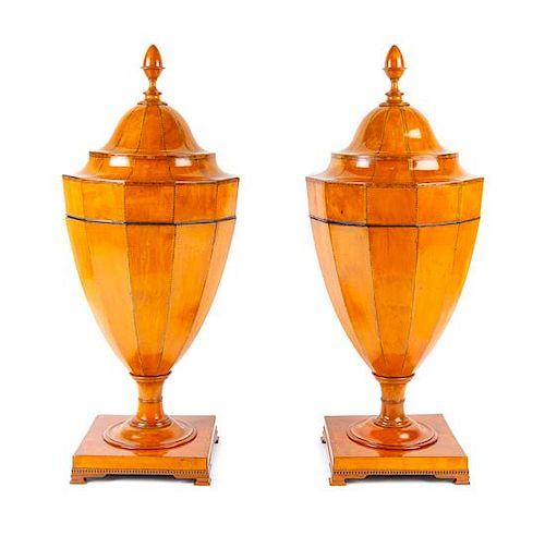 A Pair of George III Satinwood Cutlery Urns Height 28 inches.