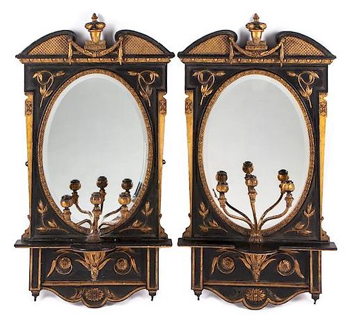 A Pair of English Ebonized and Parcel Gilt Girandole Mirrors Height 48 x width 27 inches.