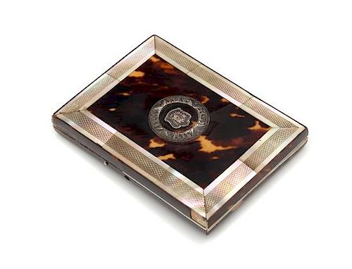 * A Mother-of-Pearl and Silver Inlaid Tortoise Shell Veneered Card Case Width 4 1/8 inches.