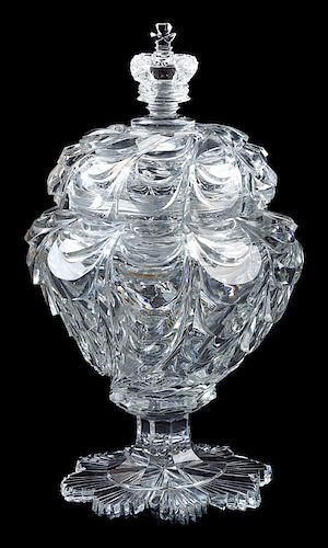 An Irish Cut Glass Urn with Cover Height 19 1/2 inches.