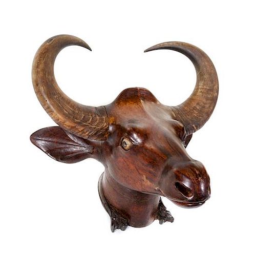 A Carved Wood Water Buffalo Mount Height 31 1/2 x width 29 3/4 x depth 17 1/2 inches.