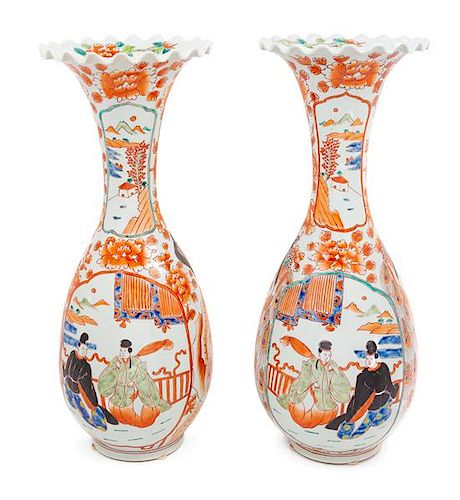 A Pair of Japanese Kutani Porcelain Vases Height 23 1/4 inches.