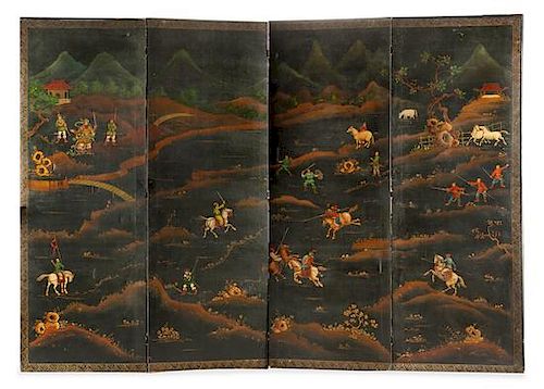 A Chinoiserie Painted Canvas Floor Screen Height 96 x width of each panel 34 inches.