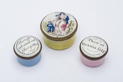 Three South Staffordshire Enamel Circular Snuff Boxes and Covers