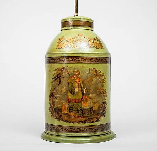English Green T?le Chinoiserie-Decorated Tea Canister Lamp
