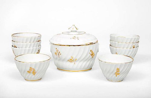Set of Eight English Gilt-Decorated Porcelain Tea Bowls and Matching Sugar Bowl and Cover