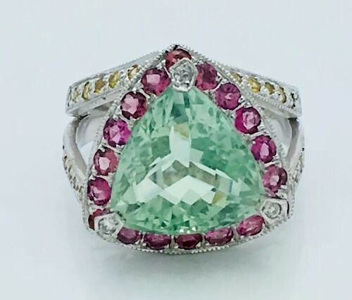 18k White Gold With Green Amethyst & Sapphire Ring