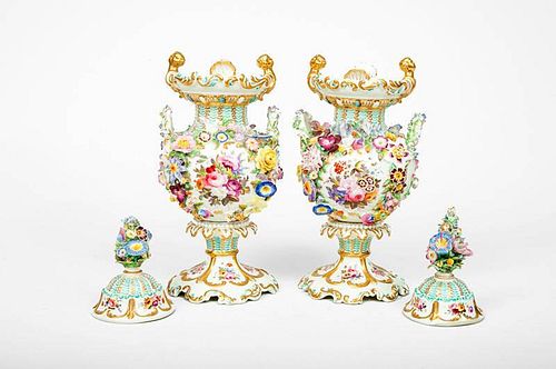 Pair of Chamberlains Worcester Flower-Encrusted Porcelain Two-Handled Vases and Covers