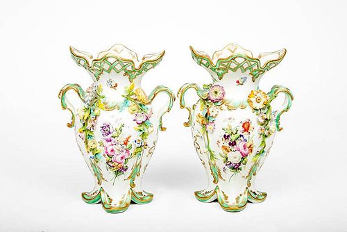 Pair of English Flower-Encrusted Porcelain Two-Handled Vases