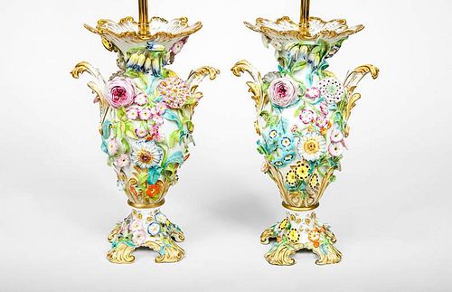Pair of Floral-Encrusted Porcelain Vases, Mounted as Lamps
