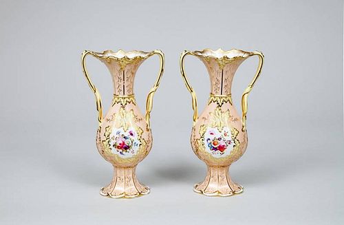 Pair of Victorian Apricot-Ground Porcelain Two-Handled Mantel Vases