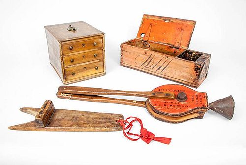 Miniature Chest of Drawers, Cobbler's Box with Boot jack, and a Set of Bellows