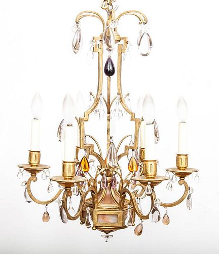 Baroque Style Gilt-Bronze and Colored and Clear Glass Six-Light Chandelier
