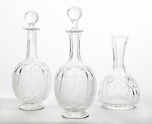 Pair of Cut-Glass Sherry Decanters and Stoppers, and a Cut-Glass Carafe