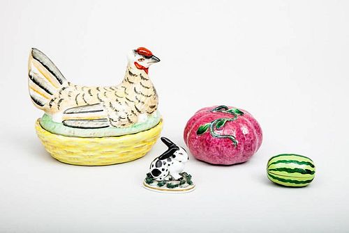 Three Ceramic Articles and a Wood Miniature Watermelon Box