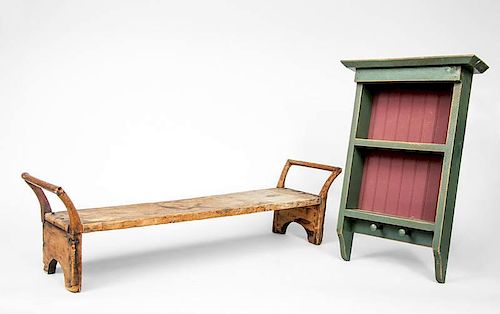Green-Painted Hanging Shelf and a Nailed Pine Foot Stool