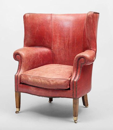 George III Style Leather-Upholstered Wing Armchair, Modern
