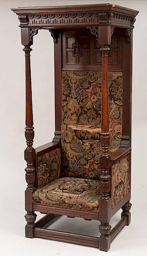 Charles II Style Carved Oak Covered Bishop Chair
