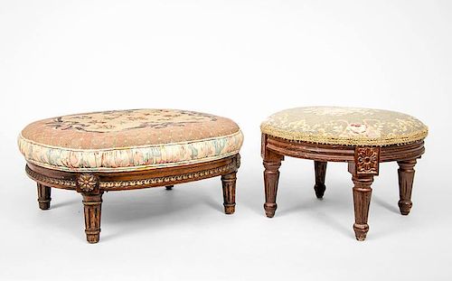 Two Louis XVI Style Walnut Oval Footstools with Needlework Seats