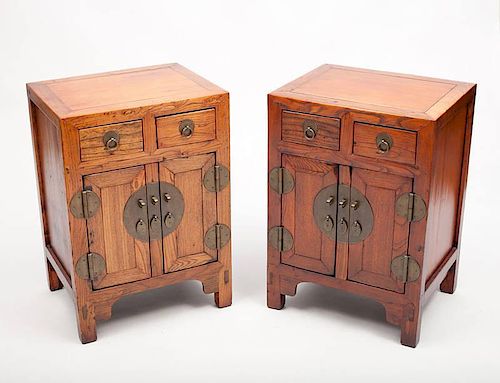 Pair of Chinese Brass-Mounted Elm Side Cabinets