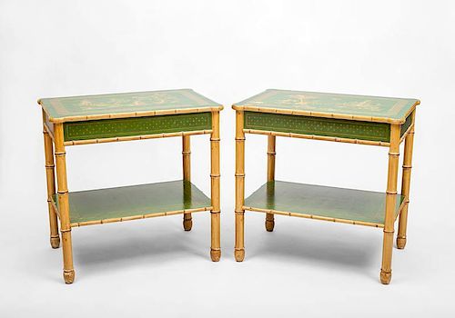 Pair of Green Lacquer Faux Bamboo Side Tables