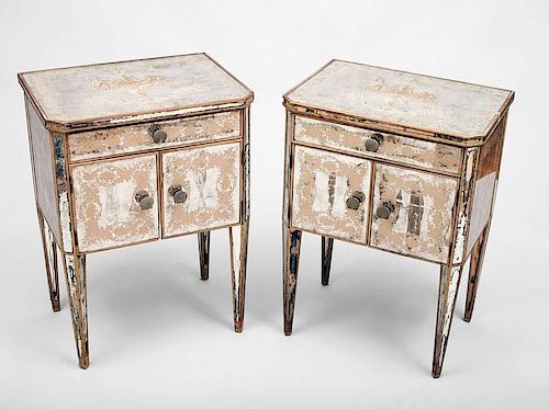 Pair of Louis XVI Style Reverse Painted Mirrored Bedside Tables
