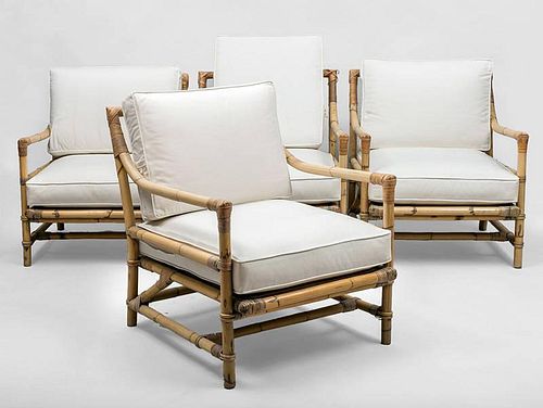 Set of Four Bamboo and Upholstered Armchairs