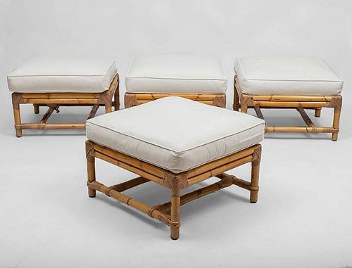 Set of Four Bamboo and Upholstered Stools