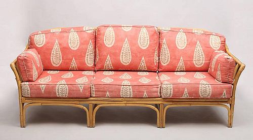 Upholstered Bamboo and Wood Settee