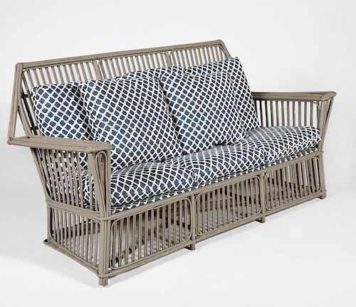 Group of Olive Painted Bamboo and Rattan Outdoor Furniture