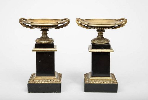 Pair of Charles X Style Brass and Black Marble Tazzas