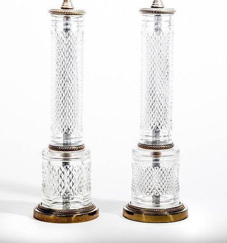 Pair of Neoclassical Style Brass-Mounted Cut-Glass Column-Form Table Lamps