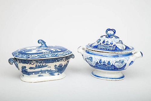 Chinese Export Blue and White Porcelain Tureen and Cover, and a Blue and White Transferware Tureen and Cover