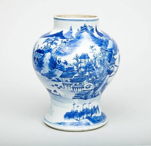 Canton Blue and White Porcelain Willow Pattern Baluster-Form Vase