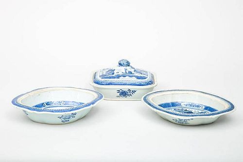 Pair of Canton Blue and White Porcelain Lozenge-Form Dishes and a Covered Vegetable Dish